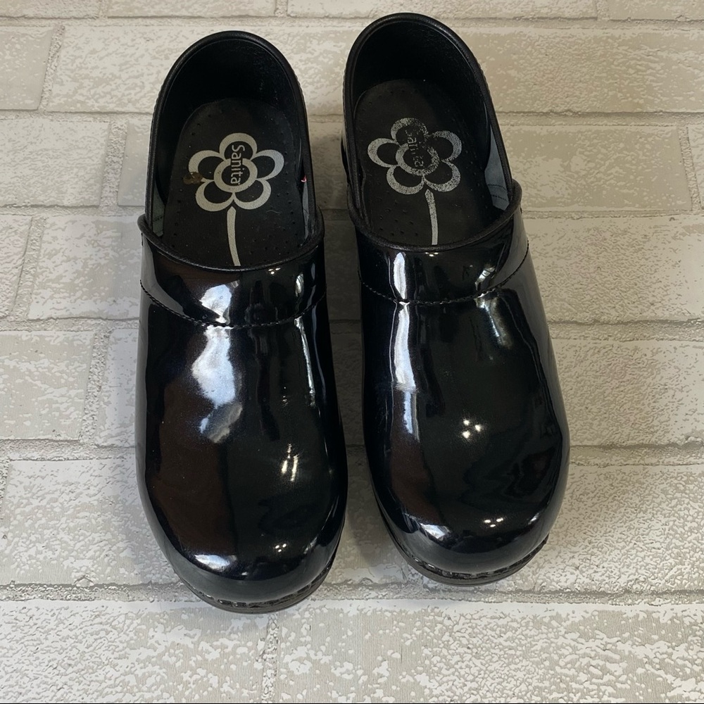 Sanita Black Patent Clogs Size 39